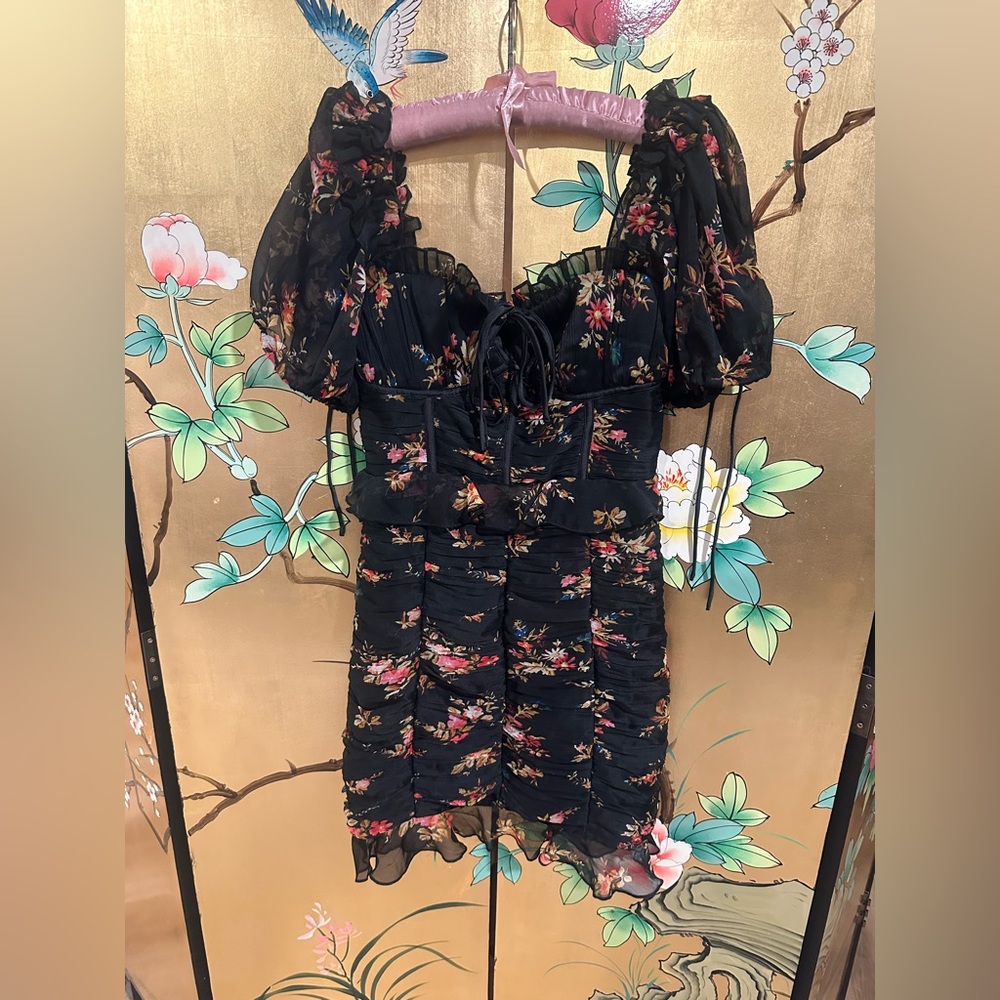 Floral Black Dress with Puff Sleeves size 2